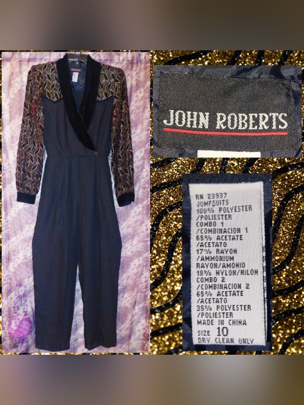 John Roberts Blk w/Gold Patterned Metallic Sleeves Soft Woven Jumpsuit Sz 10 80s